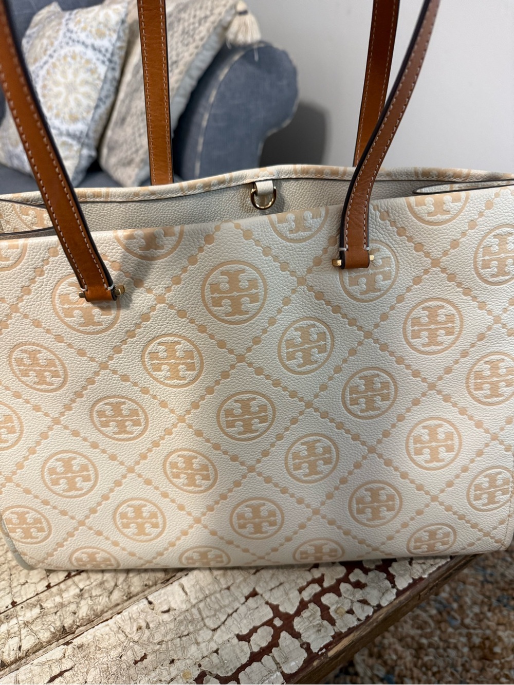 Tory Burch Cream Logo-Print Tote with Brown Handles